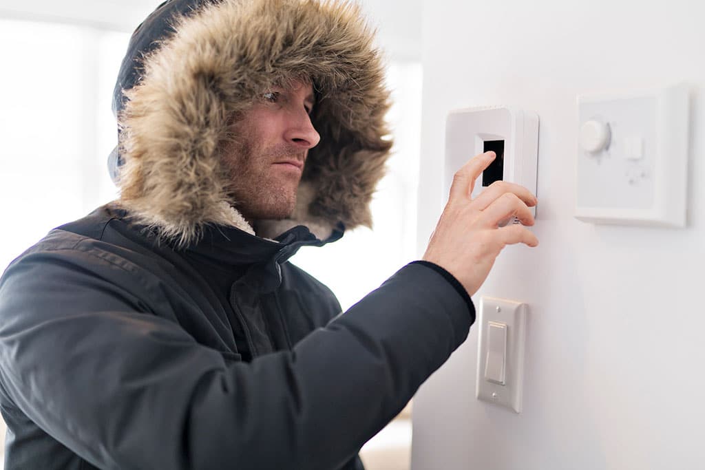 Man adjusting thermostat during a heating emergency - SBC Cooling + Heating