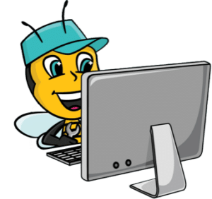 SBC mascot at computer
